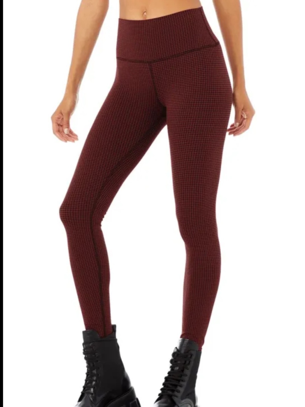 NWOT ALO Yoga Houndstooth Leggings SET in Cranberry/Black with Sport Bra Sz XS